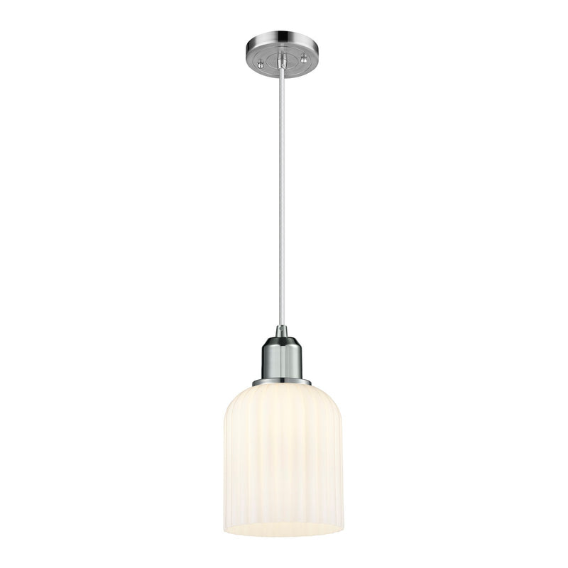 Innovations Bridal Veil 5in 1-Light Mini Pendant | Industrial Polished Chrome Steel and Gloss White Ribbed Glass Bell Shade | Model 900-1P-PC-G559-5GWH
