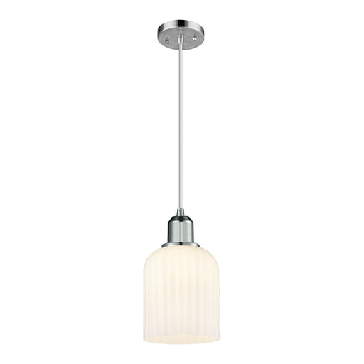 Innovations Bridal Veil 5in 1-Light Mini Pendant | Industrial Polished Chrome Steel and Gloss White Ribbed Glass Bell Shade | Model 900-1P-PC-G559-5GWH