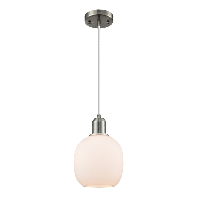 Innovations Lighting Belfast 6in 1-Light Mini Pendant | Industrial Brushed Satin Nickel Steel and Cased Matte White Glass | Kitchen | Model 900-1P-SN-G101