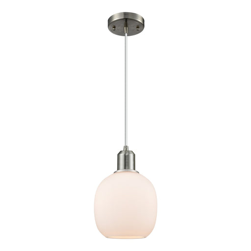 Innovations Lighting Belfast 6in 1-Light Mini Pendant | Industrial Brushed Satin Nickel Steel and Cased Matte White Glass | Kitchen | Model 900-1P-SN-G101