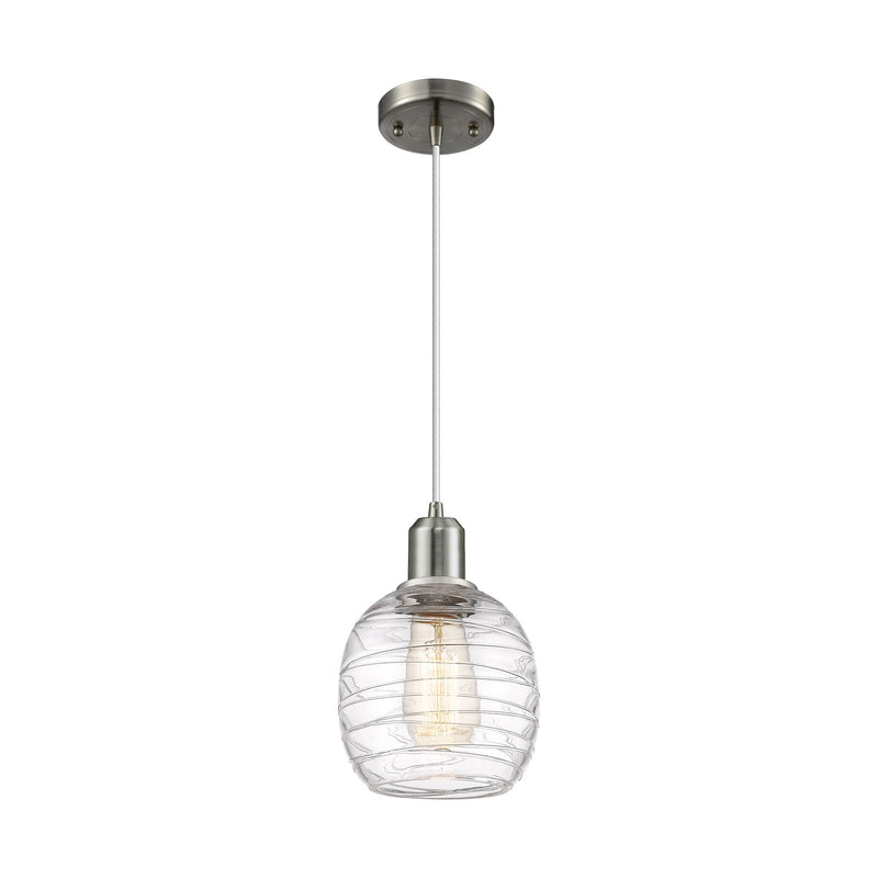 Innovations Belfast 6in 1-Light Mini Pendant | Industrial Brushed Satin Nickel Steel and Deco Swirl Glass | Kitchen Island & | Model 900-1P-SN-G1013