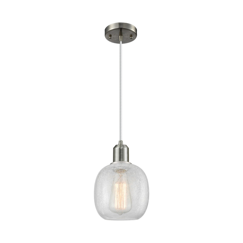 Innovations Belfast 6in 1-Light Mini Pendant | Industrial Brushed Satin Nickel Steel and Clear Crackle Glass | Kitchen Island & | Model 900-1P-SN-G105