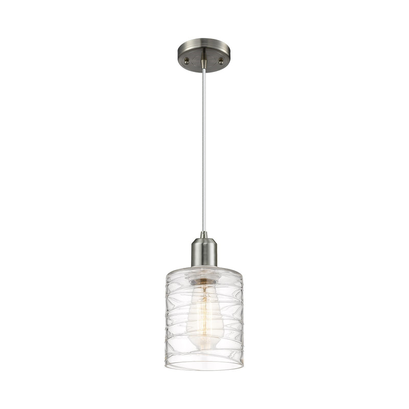 Innovations Cobbleskill 5in 1-Light Mini Pendant | Industrial Brushed Satin Nickel Steel and Deco Swirl Glass | Kitchen Island & | Model 900-1P-SN-G1113