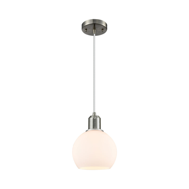 Innovations Athens 6in 1-Light Mini Pendant | Industrial Brushed Satin Nickel and Matte White Glass | Kitchen Island & Dining | Model 900-1P-SN-G121-6