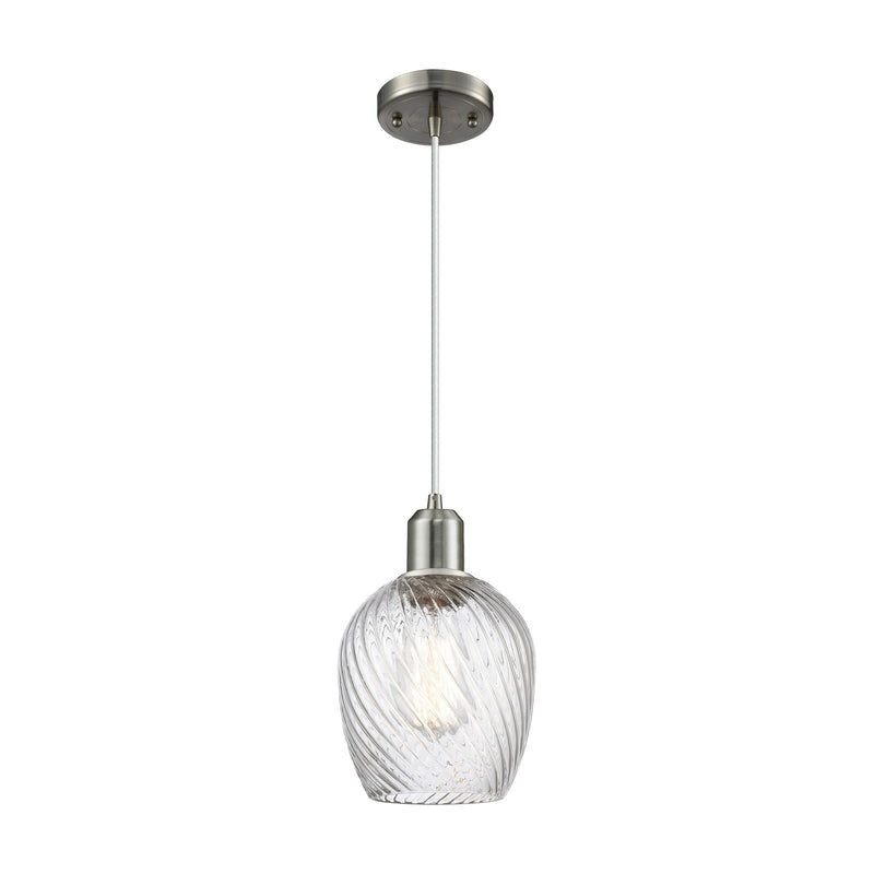 Innovations Lighting Salina 6in 1-Light Mini Pendant | Industrial Brushed Satin Nickel Steel and Clear Spiral Fluted Glass | Model 900-1P-SN-G292
