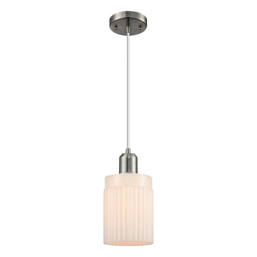 Innovations Hadley 4.5in 1-Light Mini Pendant | Industrial Brushed Satin Nickel and Matte White Ribbed Glass | Kitchen Island & | Model 900-1P-SN-G341