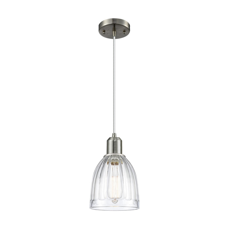 Innovations Brookfield 6in 1-Light Mini Pendant | Industrial Brushed Satin Nickel Steel and Clear Ribbed Glass | Kitchen Island & | Model 900-1P-SN-G442