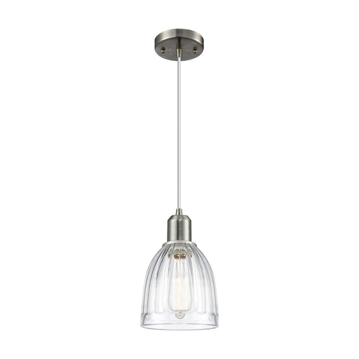 Innovations Brookfield 6in 1-Light Mini Pendant | Industrial Brushed Satin Nickel Steel and Clear Ribbed Glass | Kitchen Island & | Model 900-1P-SN-G442