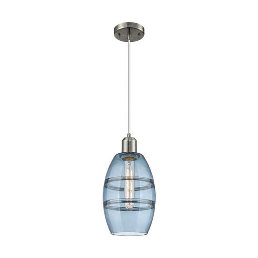 Innovations Vaz 6in 1-Light Mini Pendant | Industrial Brushed Satin Nickel and Blue Glass | Kitchen Island & Dining Room | Model 900-1P-SN-G557-6BL