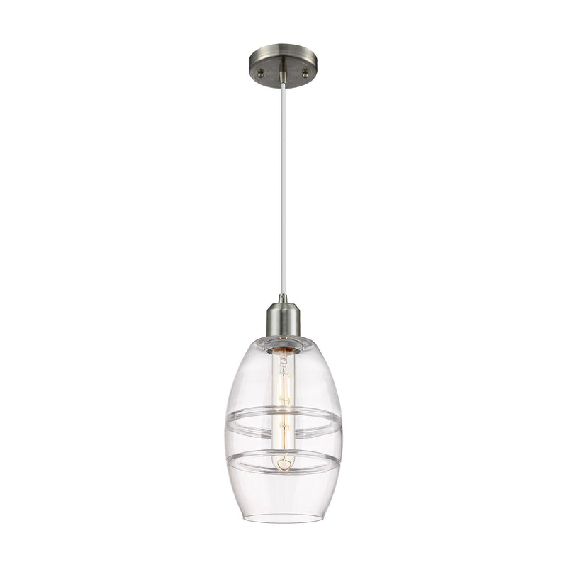 Innovations Vaz 6in 1-Light Mini Pendant | Industrial Brushed Satin Nickel Steel and Clear Glass | Kitchen Island & Dining Room | Model 900-1P-SN-G557-6CL
