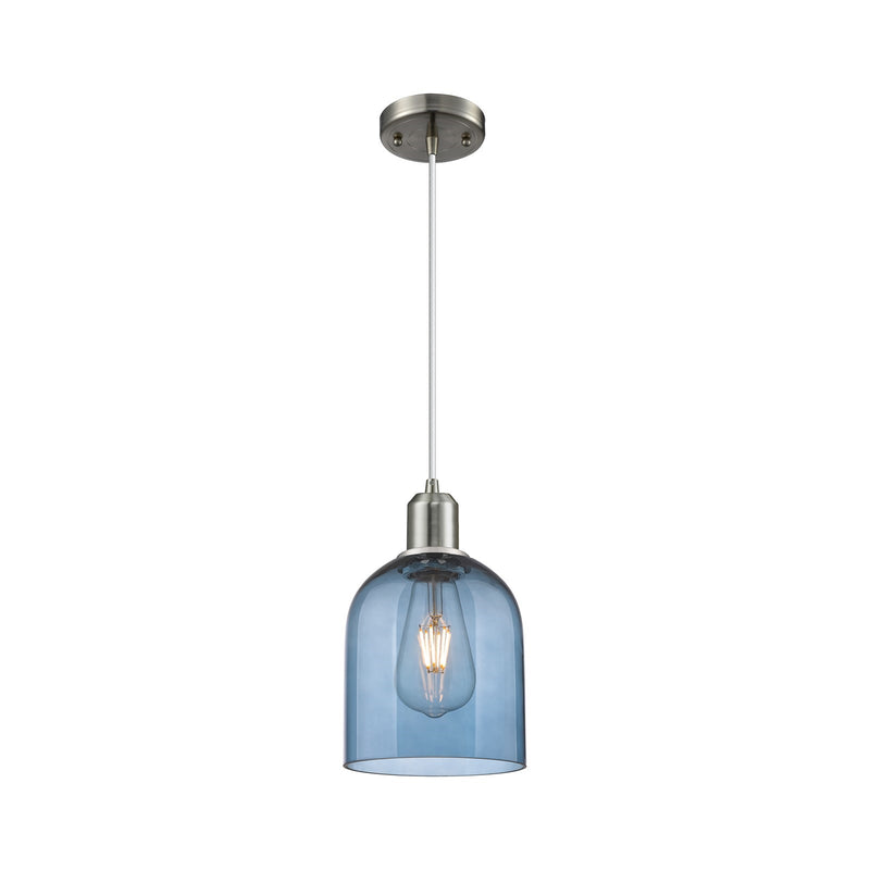 Innovations Bella 6in 1-Light Mini Pendant | Industrial Brushed Satin Nickel and Blue Glass | Kitchen Island & Dining Room | Model 900-1P-SN-G558-6BL