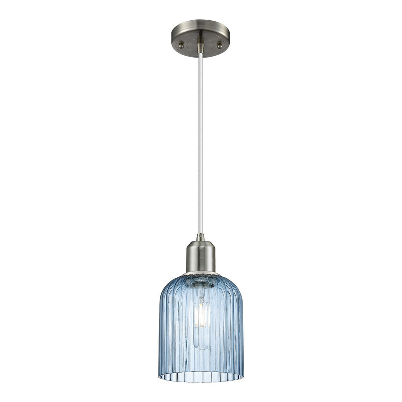 Innovations Bridal Veil 5in 1-Light Mini Pendant | Industrial Brushed Satin Nickel Steel and Princess Blue Glass | Kitchen | Model 900-1P-SN-G559-5BL