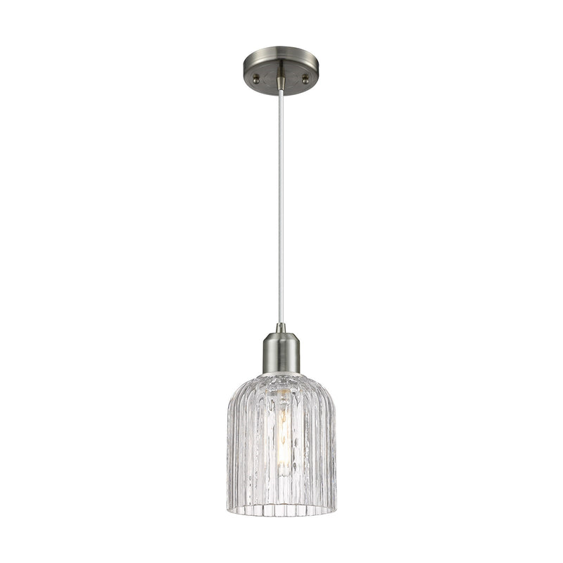 Innovations Bridal Veil 5in 1-Light Mini Pendant | Industrial Brushed Satin Nickel Steel and Clear Ribbed Glass | Kitchen | Model 900-1P-SN-G559-5CL