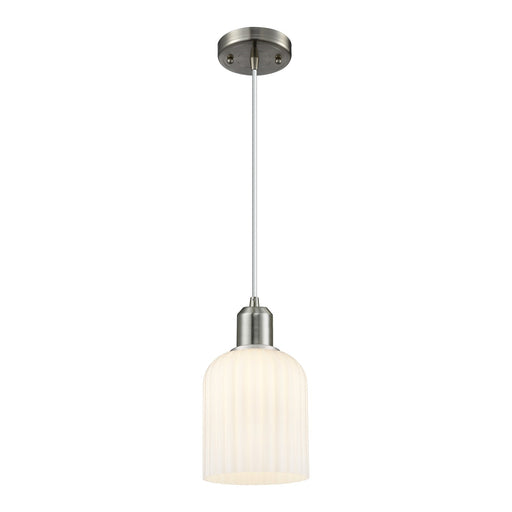 Innovations Bridal Veil 5in 1-Light Mini Pendant | Industrial Brushed Satin Nickel and Gloss White Ribbed Glass | Kitchen | Model 900-1P-SN-G559-5GWH