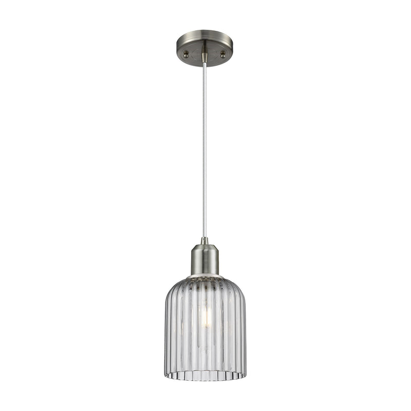 Innovations Bridal Veil 5in 1-Light Mini Pendant | Industrial Brushed Satin Nickel Steel and Light Smoke Ribbed Glass | Kitchen | Model 900-1P-SN-G559-5SM