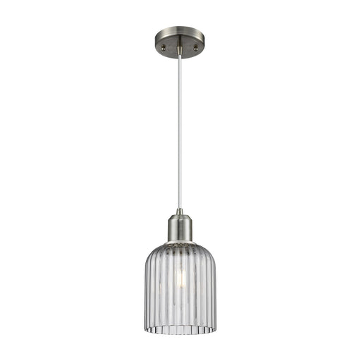 Innovations Bridal Veil 5in 1-Light Mini Pendant | Industrial Brushed Satin Nickel Steel and Light Smoke Ribbed Glass | Kitchen | Model 900-1P-SN-G559-5SM