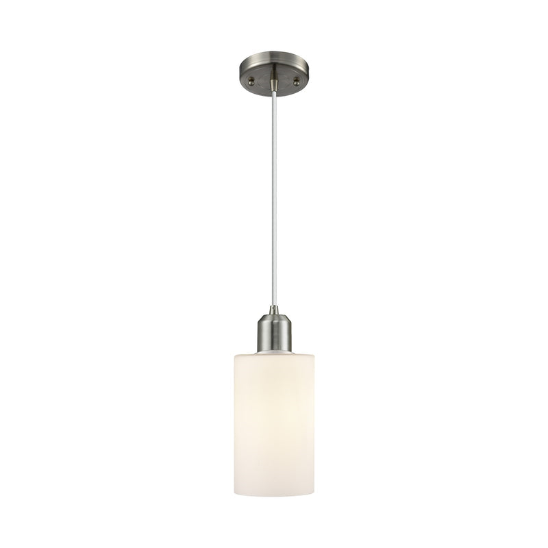 Innovations Clymer 4in 1-Light Mini Pendant | Industrial Brushed Satin Nickel Steel and Matte White Glass | Kitchen Island & Dining | Model 900-1P-SN-G801