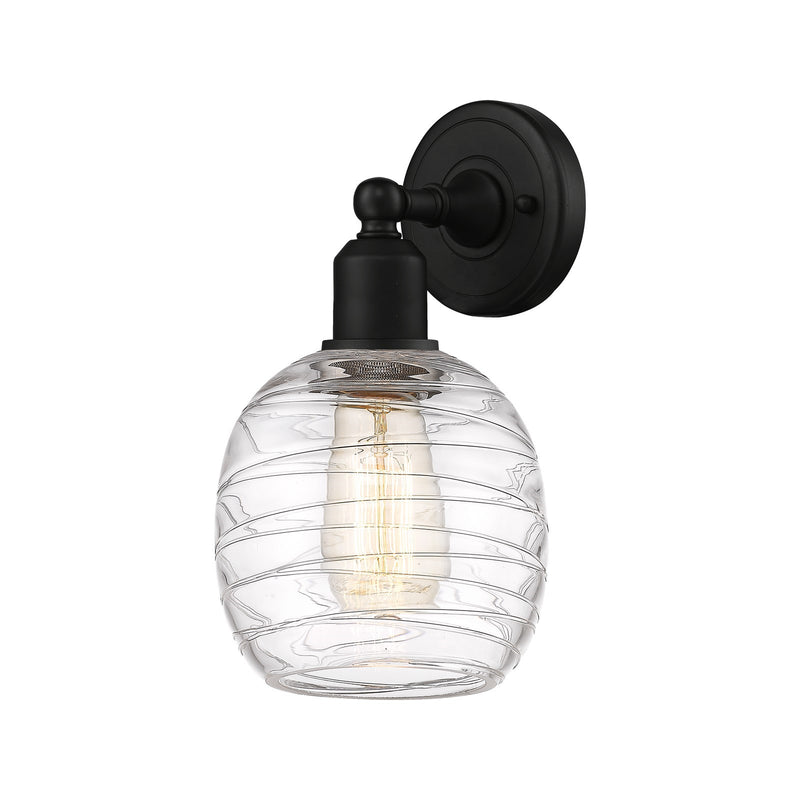Innovations Belfast 6in 1-Light Wall Sconce | Industrial Matte Black Steel and Deco Swirl Glass | Bathroom & Hallway Accent | Model 900-1W-BK-G1013
