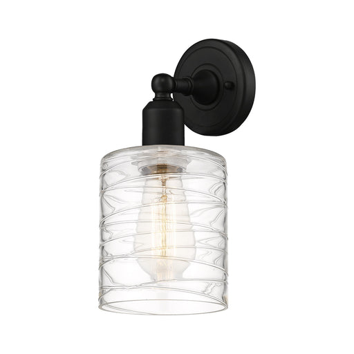 Innovations Cobbleskill 1-Light 5in Wall Sconce | Industrial Matte Black Steel and Cast Brass with Deco Swirl Glass | Bathroom & | Model 900-1W-BK-G1113