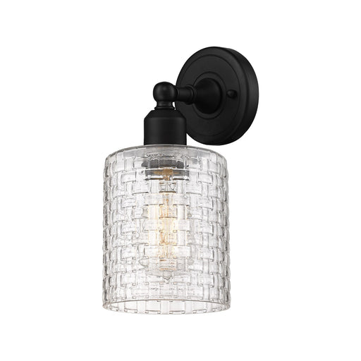 Innovations Cobbleskill 5in 1-Light Wall Sconce | Industrial Matte Black Steel and Clear Basket Weave Glass | Damp-Rated | Model 900-1W-BK-G112C-5CL