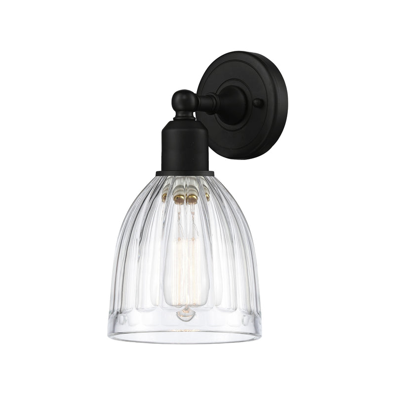Innovations Brookfield 6in 1-Light Wall Sconce | Industrial Matte Black Steel and Clear Ribbed Glass | Hallway & Bedroom | Model 900-1W-BK-G442