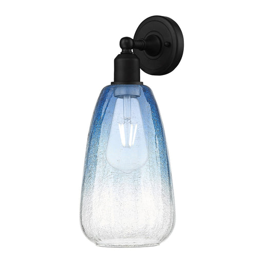 Innovations Brookhaven Almond 6in 1-Light Wall Sconce | Industrial Matte Black Steel and Sapphire Blue Glass | Damp Rated | Model 900-1W-BK-G480-6SB