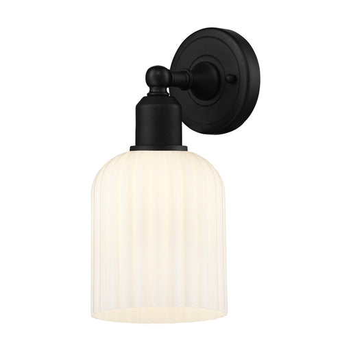 Innovations Bridal Veil 5in 1-Light Wall Sconce | Industrial Matte Black Steel and Gloss White Ribbed Glass | Bedroom & | Model 900-1W-BK-G559-5GWH