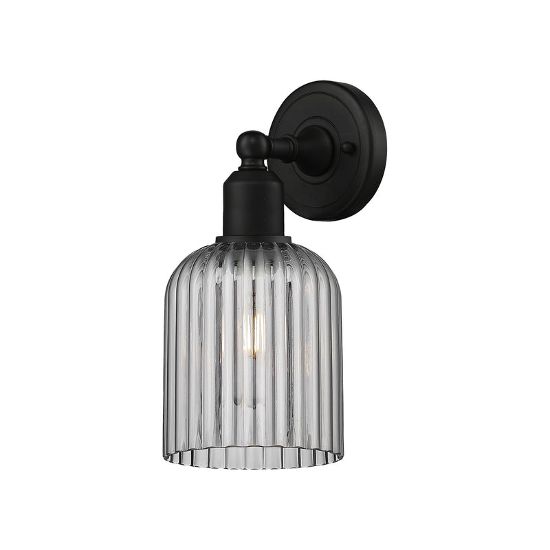 Innovations Bridal Veil 1-Light 5in Sconce | Industrial Matte Black Steel and Light Smoke Ribbed Glass | Bedroom & Hallway | Model 900-1W-BK-G559-5SM
