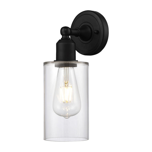 Innovations Clymer 1-Light 4in Wall Sconce | Industrial Matte Black Steel and Clear Glass | Damp Rated Hallway & Bathroom Accent | Model 900-1W-BK-G802