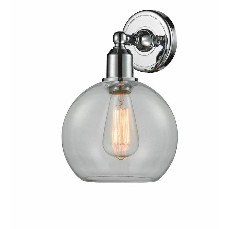 Innovations Sphere 8in 1-Light Wall Sconce | Industrial Polished Chrome Steel and Cast Brass Clear Glass | Hallway & Bathroom | Model 900-1W-PC-G122