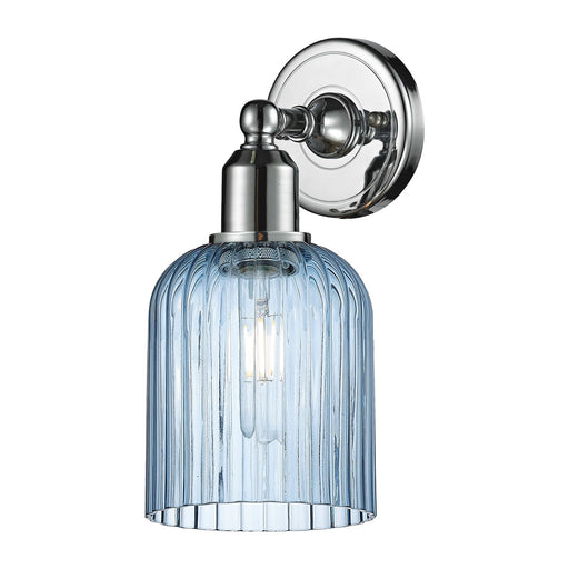 Innovations Bridal Veil 5in 1-Light Wall Sconce | Industrial Polished Chrome and Princess Blue Ribbed Glass | Bathroom & | Model 900-1W-PC-G559-5BL