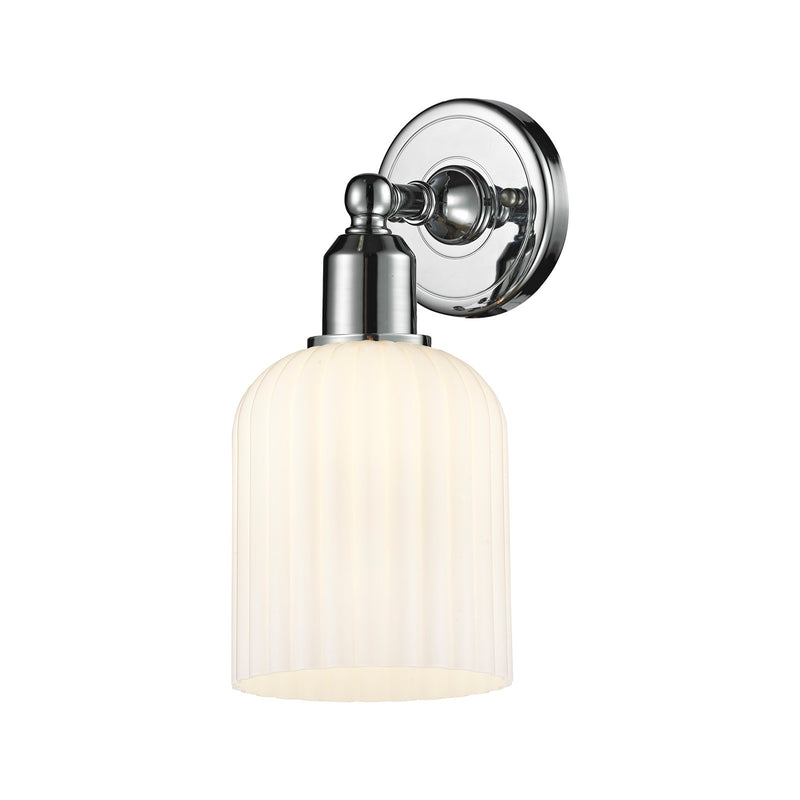 Innovations Bridal Veil 5in 1-Light Wall Sconce | Industrial Polished Chrome and Gloss White Ribbed Glass | Bathroom & Hallway | Model 900-1W-PC-G559-5GWH