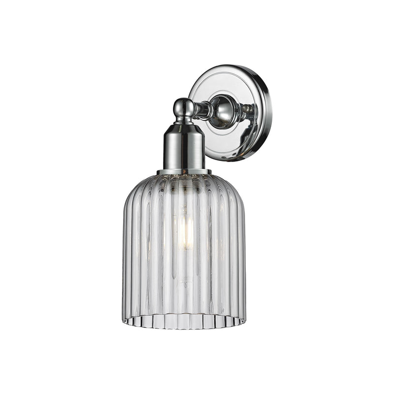 Innovations Bridal Veil 5in 1-Light Wall Sconce | Industrial Polished Chrome and Light Smoke Ribbed Glass | Bathroom & Hallway | Model 900-1W-PC-G559-5SM
