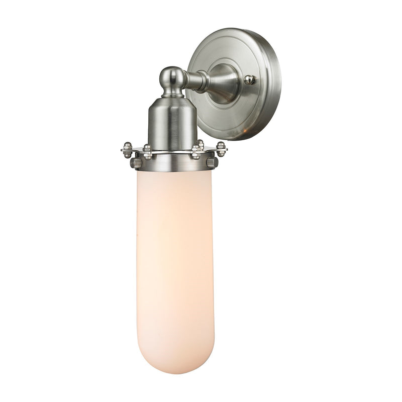 Innovations Centri 4.5in 1-Light Wall Sconce | Industrial Brushed Satin Nickel Steel and Matte White Frosted Glass | Model 900-1W-SN-CE228-SN-W-LED