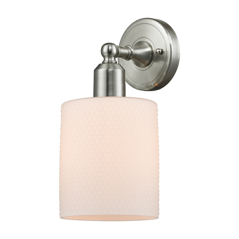 Innovations Cobbleskill 5in 1-Light Wall Sconce | Industrial Brushed Satin Nickel and Matte White Glass | Hallway & Bathroom Accent | Model 900-1W-SN-G111