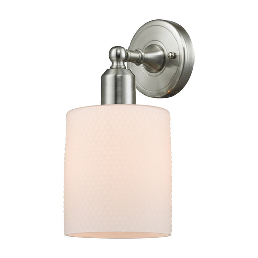 Innovations Cobbleskill 5in 1-Light Wall Sconce | Industrial Brushed Satin Nickel and Matte White Glass | Hallway & Bathroom Accent | Model 900-1W-SN-G111