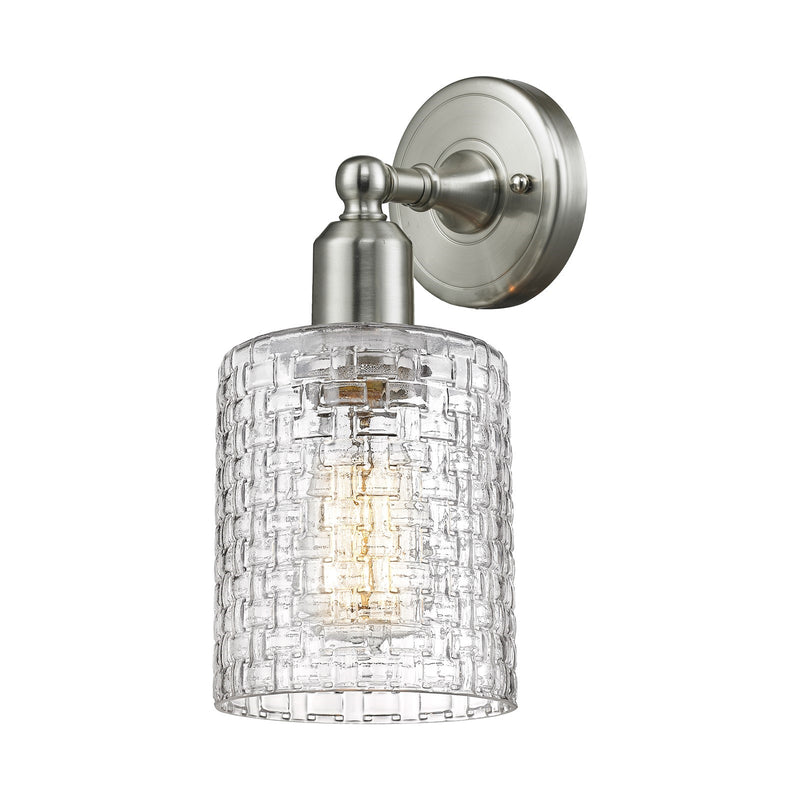 Innovations Cobbleskill 5in 1-Light Wall Sconce | Industrial Brushed Satin Nickel and Clear Basket Weave Glass | Hallway & | Model 900-1W-SN-G112C-5CL