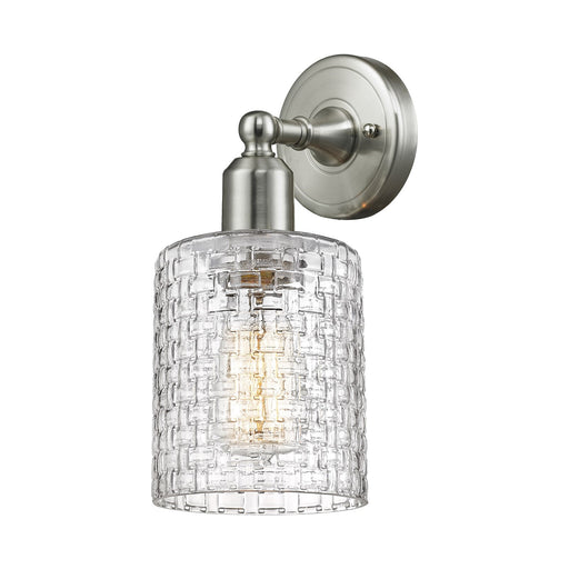 Innovations Cobbleskill 5in 1-Light Wall Sconce | Industrial Brushed Satin Nickel and Clear Basket Weave Glass | Hallway & | Model 900-1W-SN-G112C-5CL