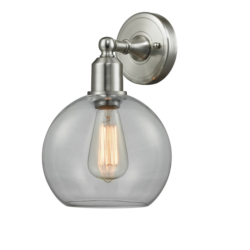 Innovations Sphere 8in 1-Light Wall Sconce | Industrial Brushed Satin Nickel and Clear Glass | Hallway & Bathroom Accent | Model 900-1W-SN-G122