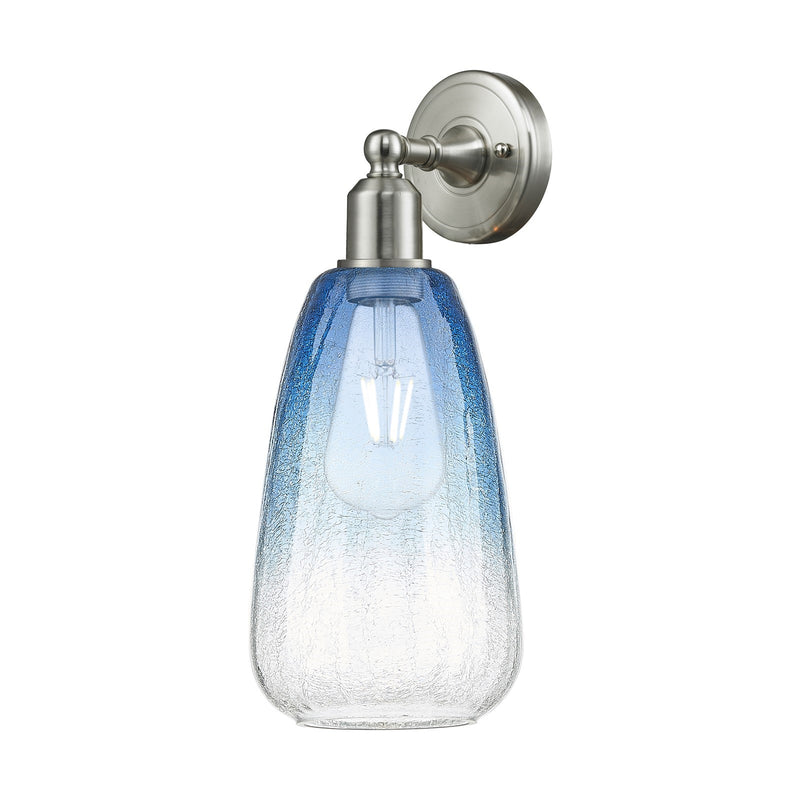 Innovations Brookhaven Almond 6in 1-Light Wall Sconce | Industrial Brushed Satin Nickel and Sapphire Blue Glass | Bathroom & | Model 900-1W-SN-G480-6SB