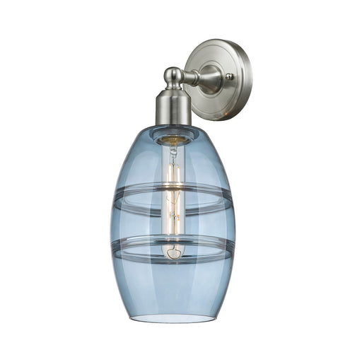 Innovations Vaz 6in 1-Light Wall Sconce | Industrial Brushed Satin Nickel and Blue Glass | Hallway & Bedroom Accent | Model 900-1W-SN-G557-6BL