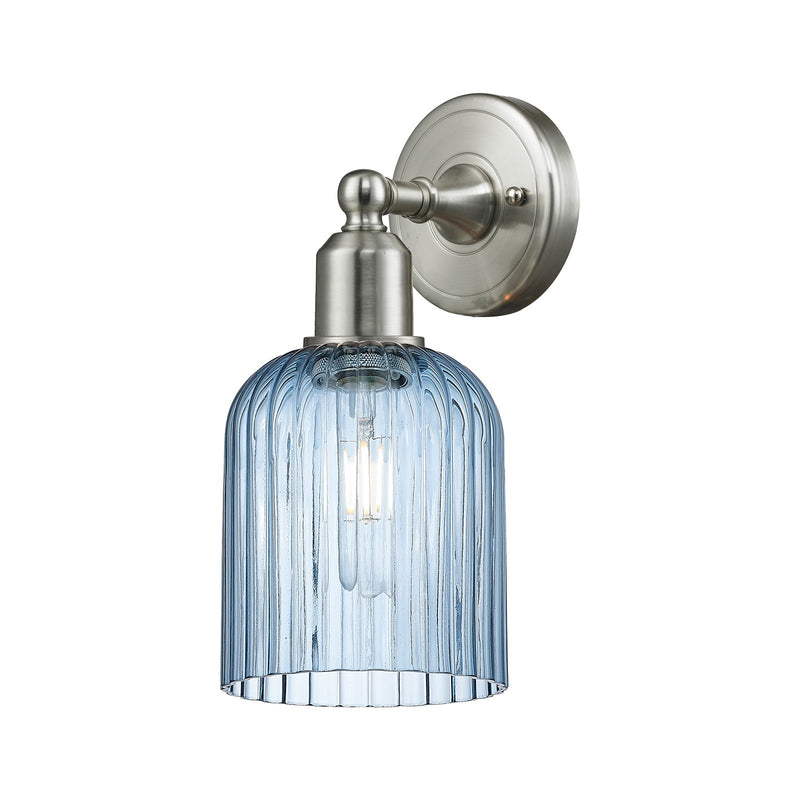 Innovations Bridal Veil 5in 1-Light Wall Sconce | Industrial Brushed Satin Nickel Steel and Princess Blue Ribbed Glass | Model 900-1W-SN-G559-5BL