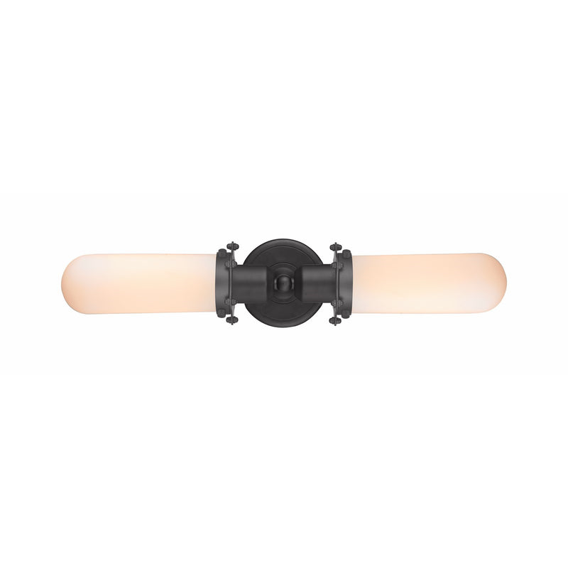 Innovations Centri 22in 2-Light Bath Vanity | Industrial Matte Black Steel and Cast Brass with Matte White Frosted Glass | Model 900-2W-BK-CE228-BK-W