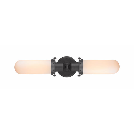 Innovations Centri 22in 2-Light Bath Vanity | Industrial Matte Black Steel and Cast Brass with Matte White Frosted Glass | Model 900-2W-BK-CE228-BK-W-LED
