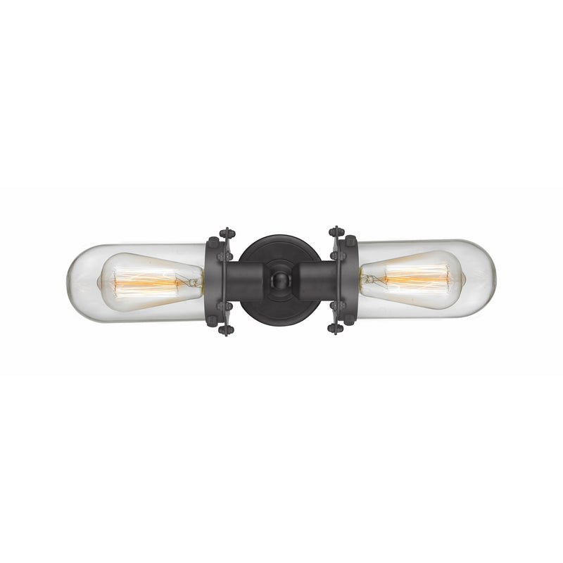 Innovations Centri 22in 2-Light Bath Vanity | Industrial Matte Black Steel and Clear Glass | Bathroom Vanity | Model 900-2W-BK-CE231-BK-CL-LED
