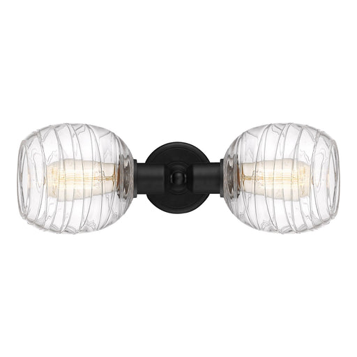 Innovations Belfast 17.25in 2-Light Bath Vanity | Industrial Matte Black Steel and Cast Brass with Deco Swirl Clear Glass Shades | Model 900-2W-BK-G1013