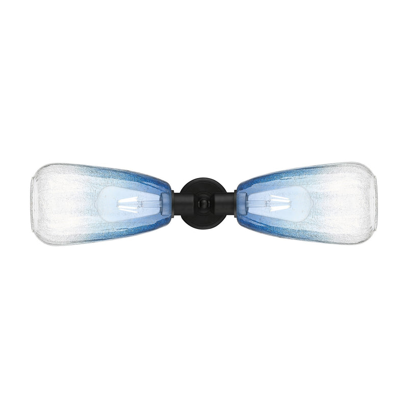 Innovations Brookhaven Almond 25in 2-Light Linear Bath Vanity | Industrial Matte Black Steel and Sapphire Blue Glass | Bathroom | Model 900-2W-BK-G480-6SB
