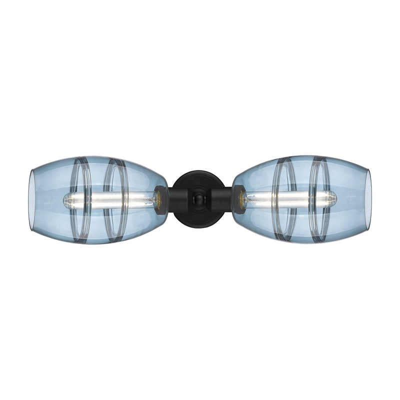 Innovations Vaz 24in 2-Light Linear Bath Vanity | Industrial Matte Black Steel and Blue Glass | Bathroom Vanity & Powder Room | Model 900-2W-BK-G557-6BL