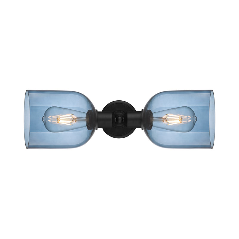 Innovations Bella 18in 2-Light Linear Bath Vanity Light | Industrial Matte Black Steel and Blue Bell Glass | Bathroom Vanity & | Model 900-2W-BK-G558-6BL
