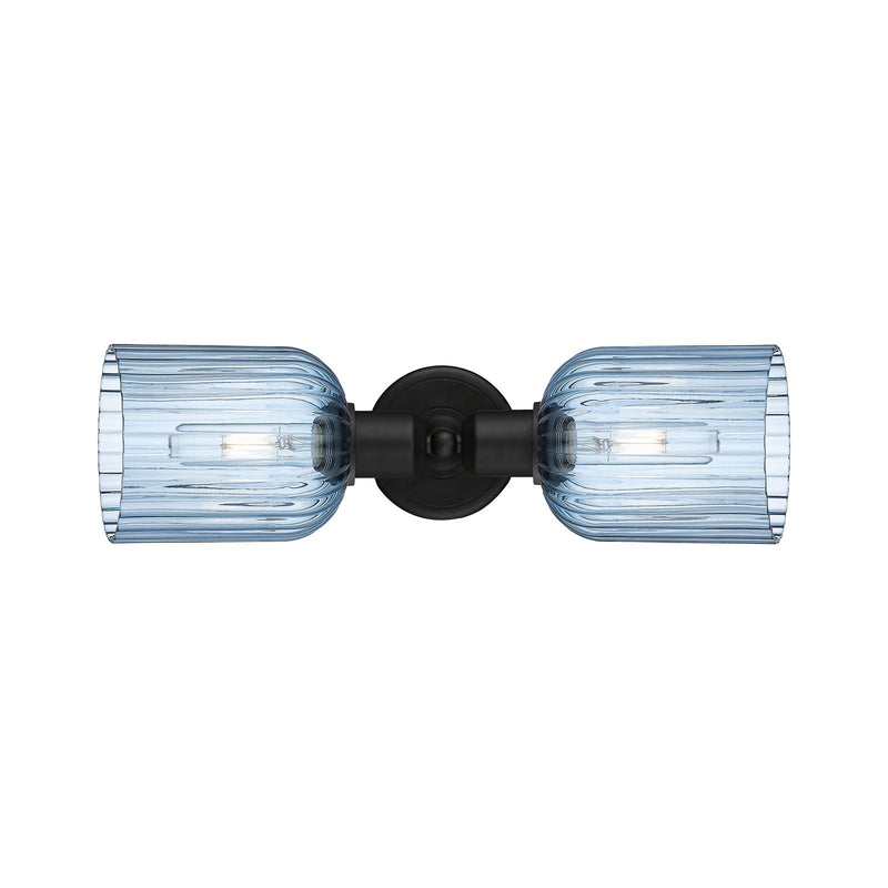 Innovations Bridal Veil 17in 2-Light Linear Bath Vanity Light | Industrial Matte Black Steel and Princess Blue Ribbed Glass | Model 900-2W-BK-G559-5BL